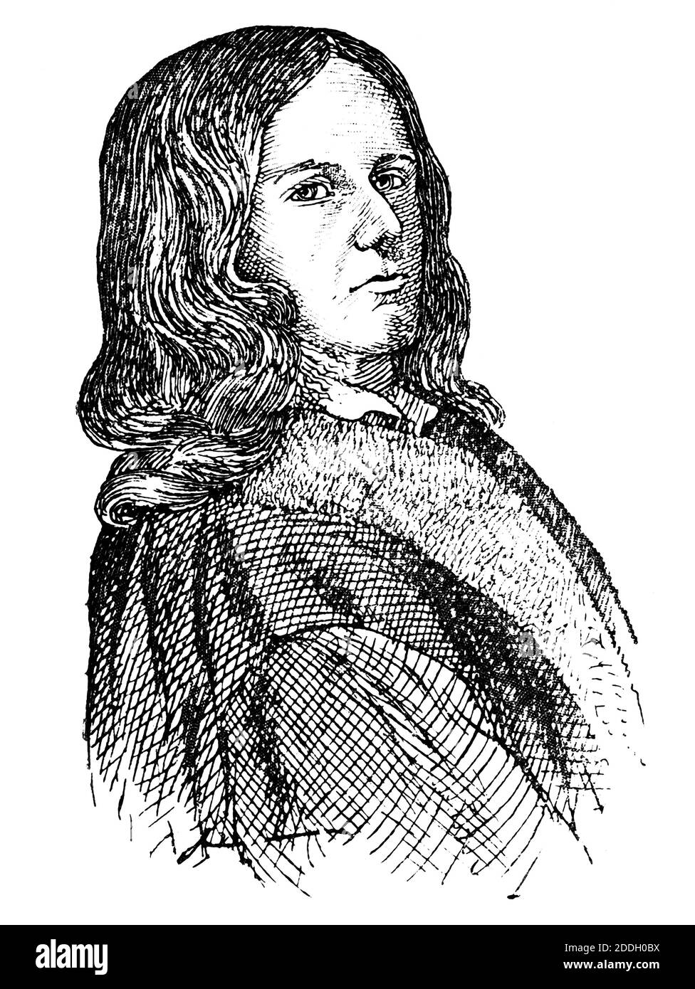 Ritratto di Adelbert von Chamisso - poeta e botanico tedesco, autore di Peter Schlemihl, una famosa storia di un uomo che ha venduto la sua ombra. Illustrazione del 19 ° secolo. Sfondo bianco. Foto Stock