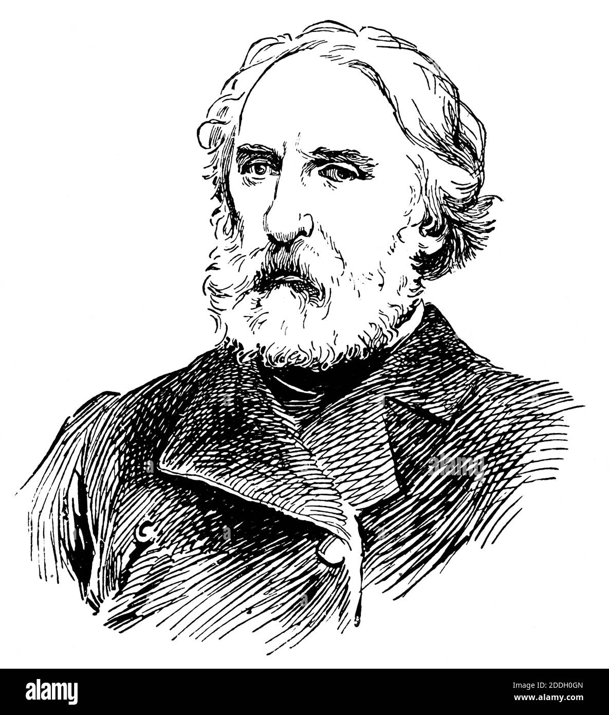 Ritratto di Ivan Sergeyevich Turgenev - romanziere russo, scrittore, poeta, drammaturgo, traduttore. Illustrazione del 19 ° secolo. Sfondo bianco. Foto Stock