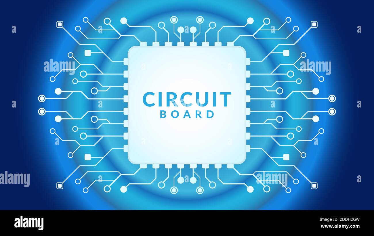 Processore Microchip con luci radiali su sfondo blu. AI. Scheda a circuito elettrico. Background high tech. Processori centrali per computer connessione CPU Illustrazione Vettoriale