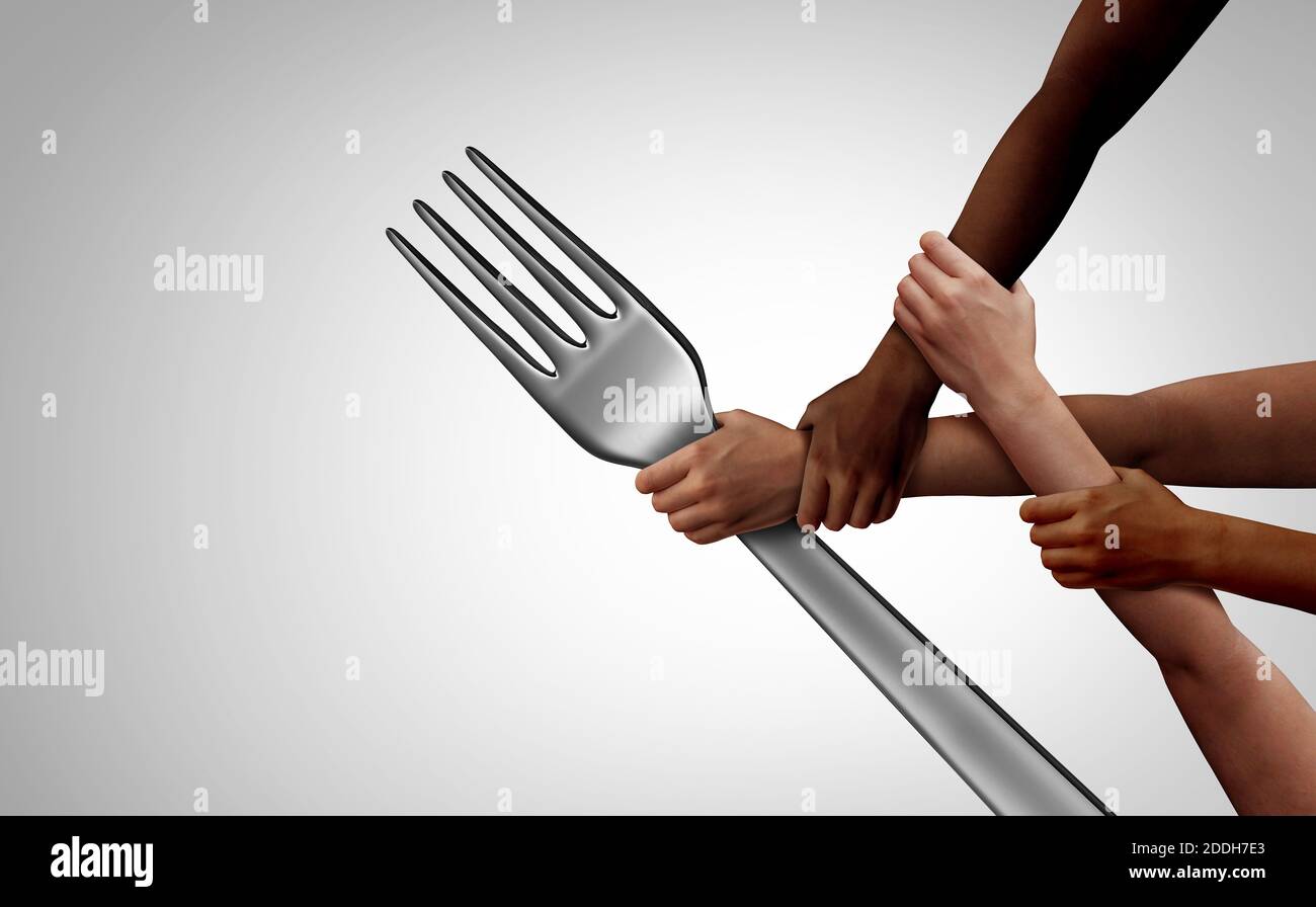 Nutrite gli affamati e aiutate a combattere la fame insieme come un gruppo di volontari diversi che aiutano le mani a tenere una forchetta che rappresenta la carità e la donazione. Foto Stock
