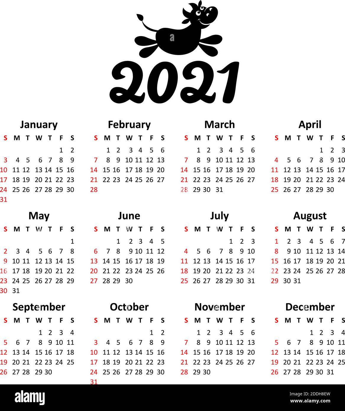 2021 modello di calendario. La settimana inizia la domenica. Illustrazione, vettore Illustrazione Vettoriale