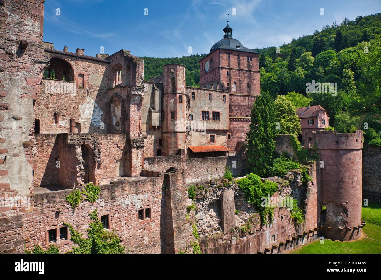 Una vista generale sulle rovine del vecchio castello di Heidelberg, nello stato del Baden-Württemberg, in Germania Foto Stock