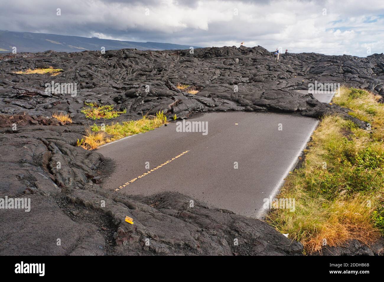 I flussi di lava solidificati attraverso la strada della costa orientale rendono impossibile guidare, sull'isola delle Hawaii, Hawaii Foto Stock
