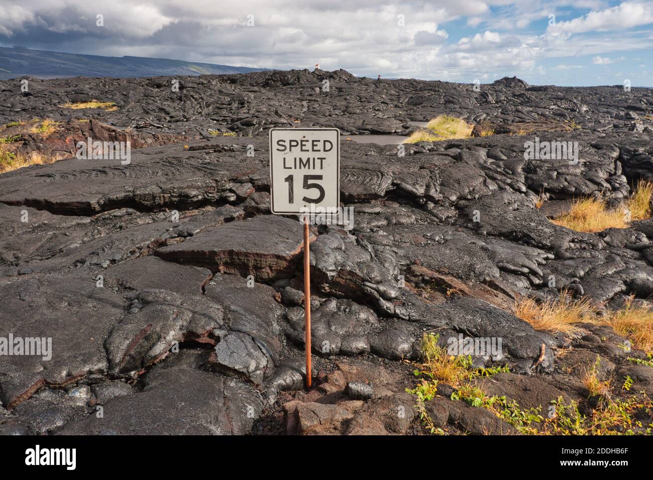 Flusso di lava solidificato attraverso la terra e la costa orientale strada con un segno di limitazione di velocità metà coperta, su Hawaii Island, Hawaii Foto Stock