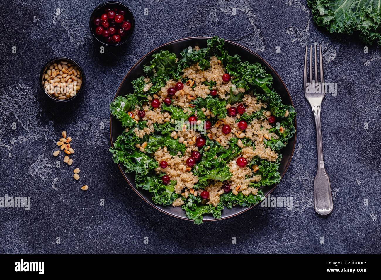 Insalata sana di kale crudo e quinoa con mirtillo rosso e pinoli. Vista dall'alto. Foto Stock