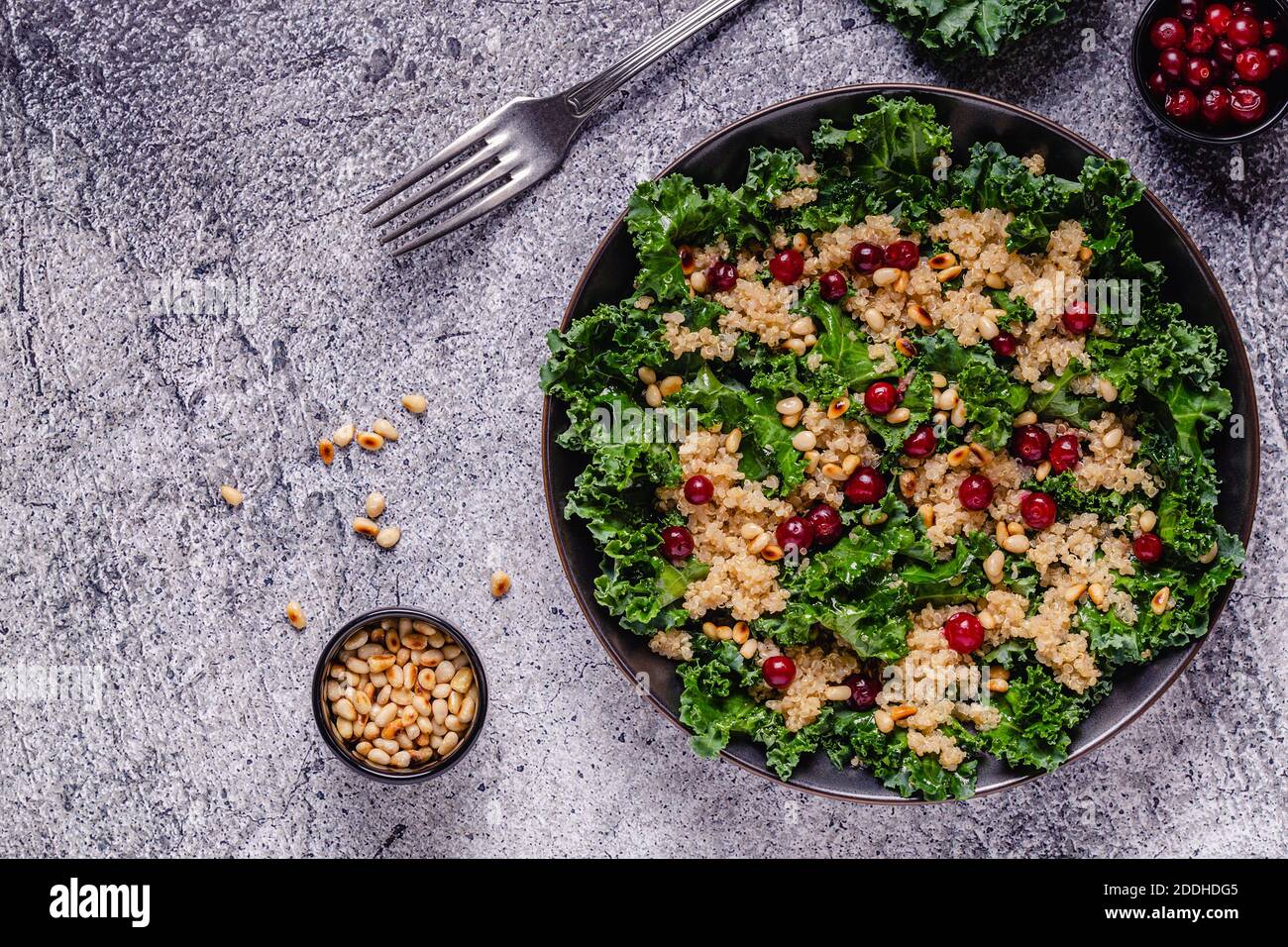 Insalata sana di kale crudo e quinoa con mirtillo rosso e pinoli. Vista dall'alto. Foto Stock