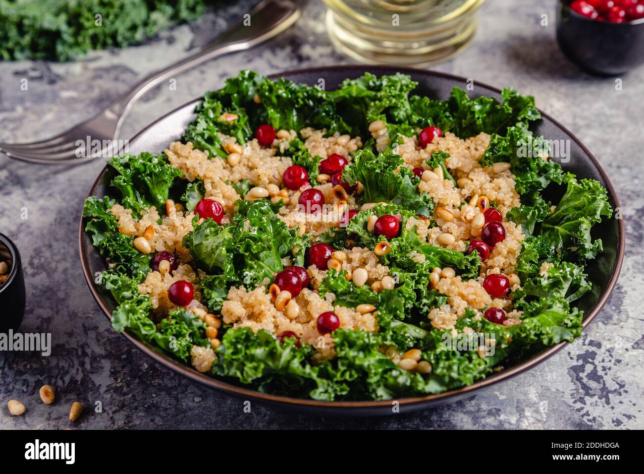 Insalata sana di kale crudo e quinoa con mirtillo rosso e pinoli. Fuoco selettivo. Foto Stock