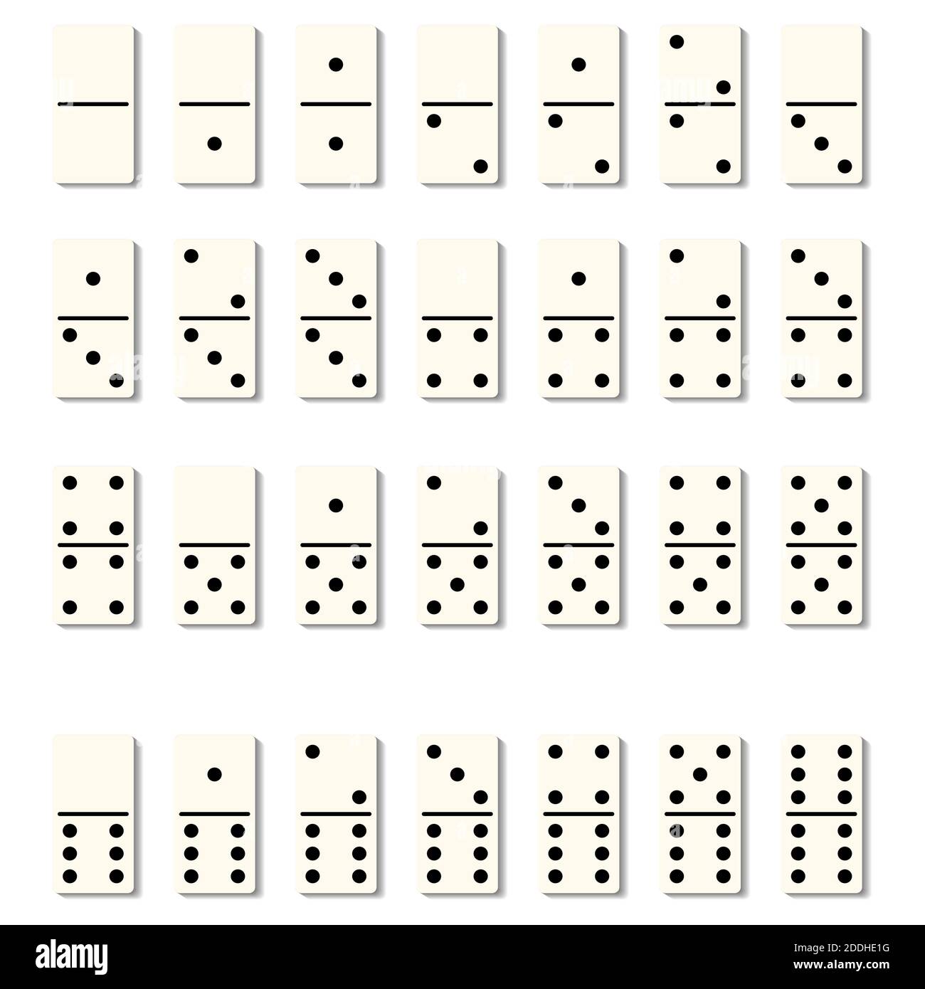 Tessere dominoes isolati blocchi con numero di macchie nere per il gioco su sfondo bianco. Immagine piatta vettoriale Illustrazione Vettoriale