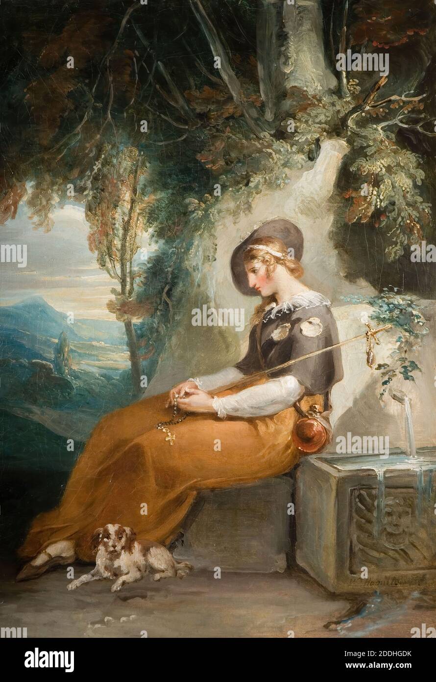 The Pilgrim, 1770-1800 di Sir William Hamilton, dipinto ad olio, Cattolico, Donne, Donna, animale, cane, Terrier Foto Stock