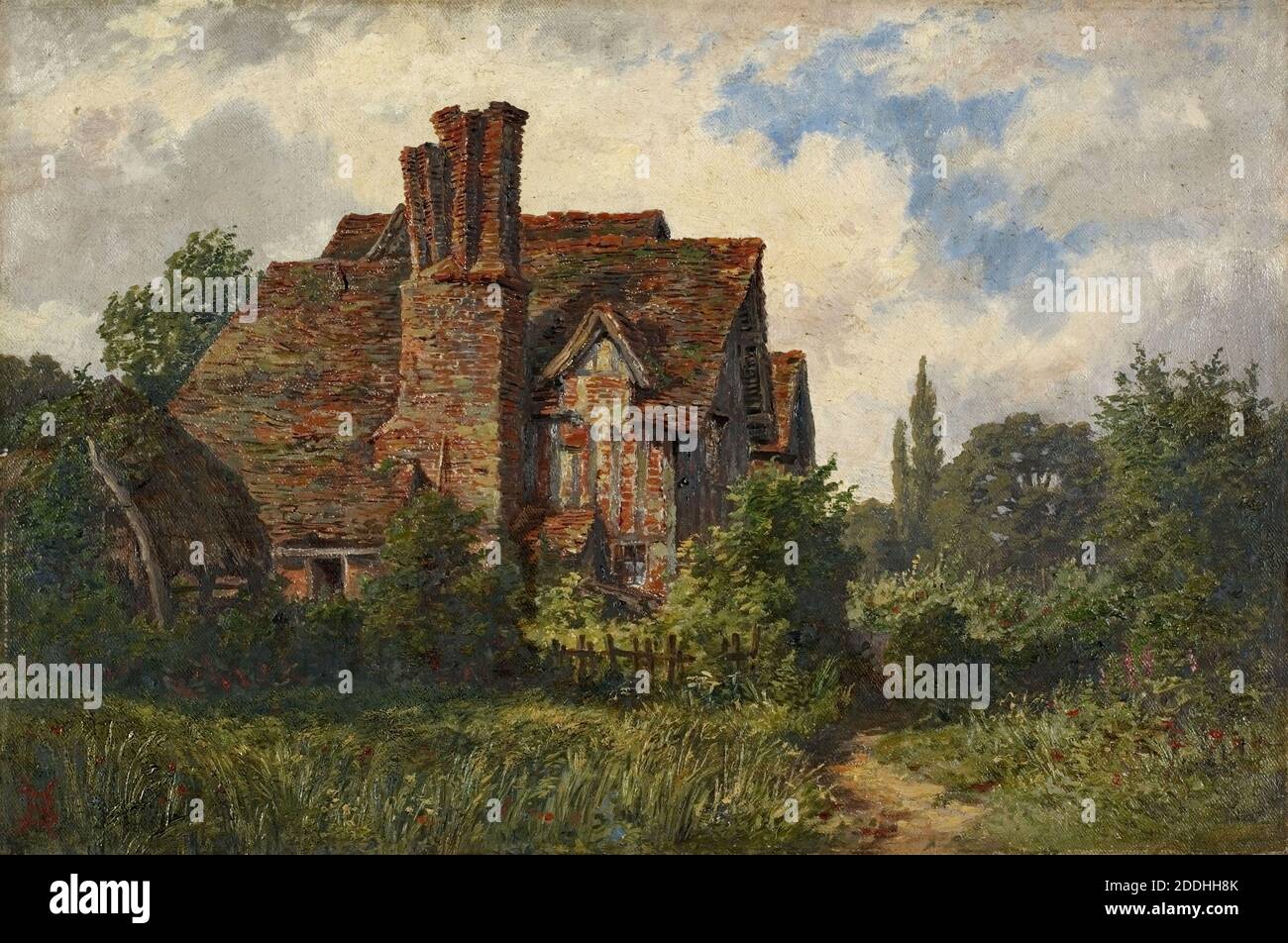 Selly Manor, Birmingham, 1864-75 Henry Baker, dipinto ad olio, viste topografiche, Manor House, Rurale, storia di Birmingham, architettura, Casa, Inghilterra, Midlands Foto Stock