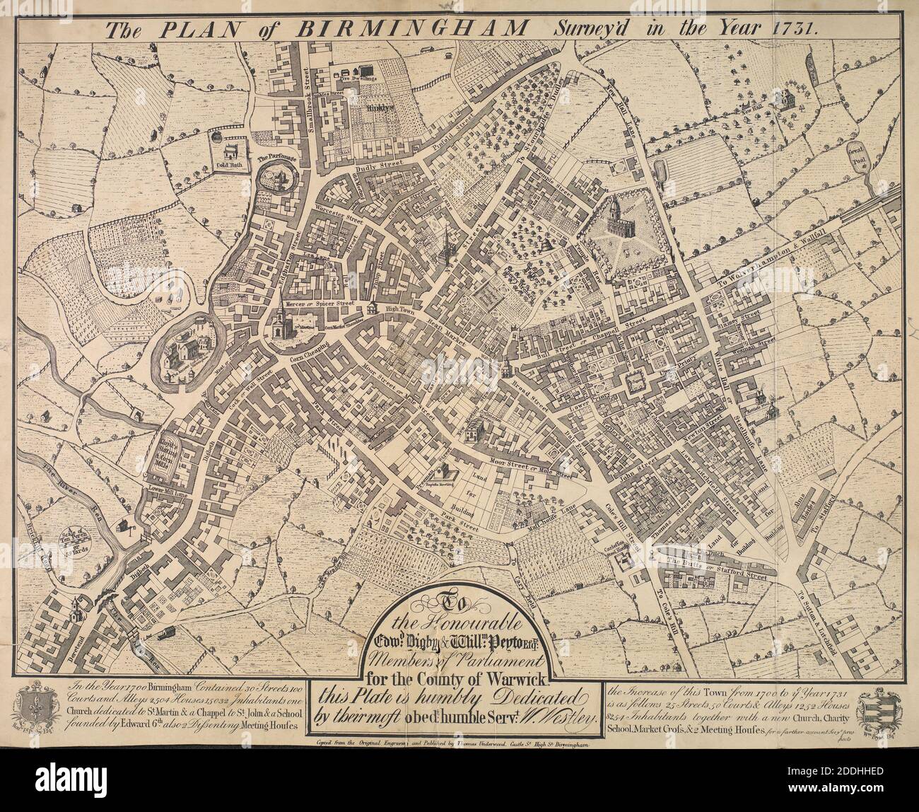 Incisione, Mappa di Birmingham 1731, incisione copia 1860 disegnato da: Thomas Underwood incisore: William Westley, viste topografiche, Stampa, incisione, storia di Birmingham, Mappa, Inghilterra, Midlands Foto Stock