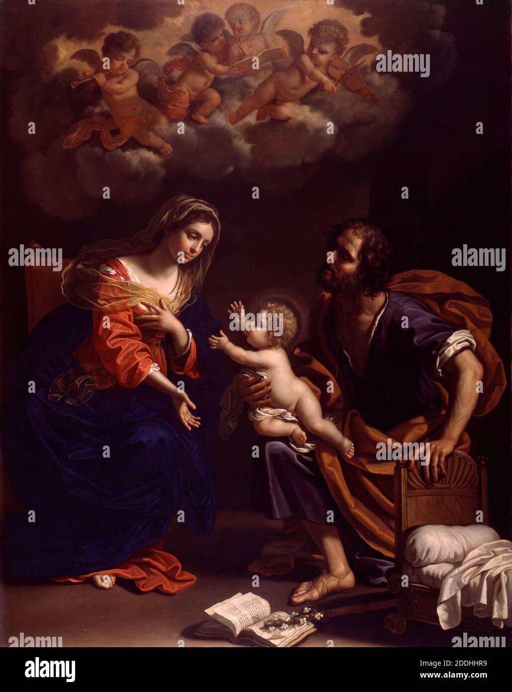 La Sacra Famiglia, 1682 di Benedetto Gennari il giovane, Pittura ad olio, religione, Cristiano, Angelo, Bibbia, Vecchio Maestro, religione, Vergine Maria, religione, Gesù Cristo Foto Stock