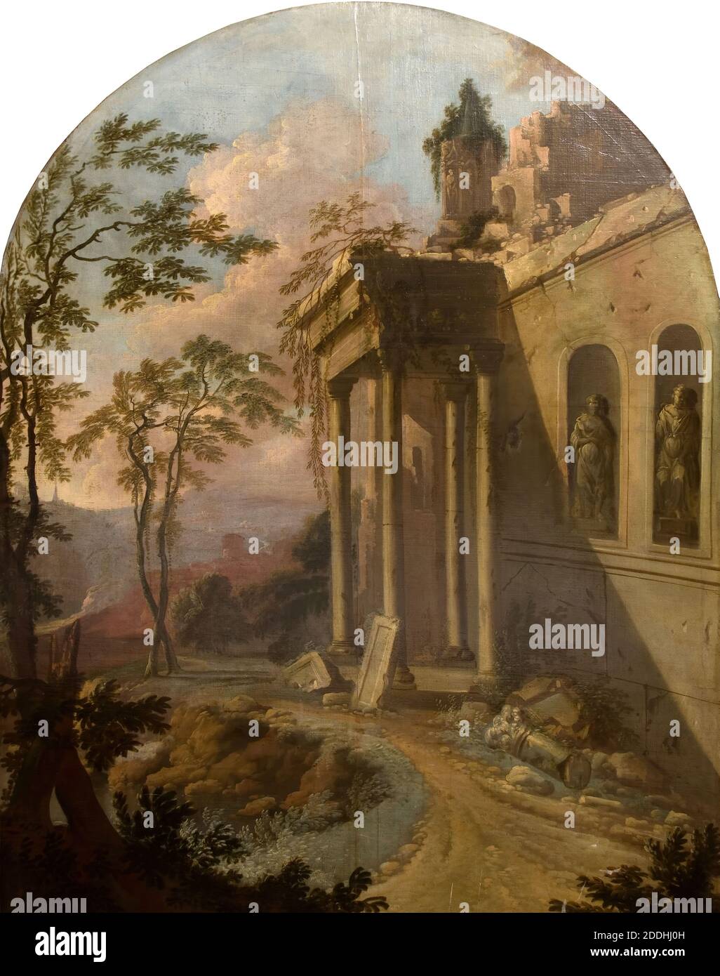 Paesaggio con rovina, 1725 dalla scuola di Jacques Rousseau, Paesaggio, dipinto ad olio, rovine, Vecchio Maestro, Topografico Foto Stock