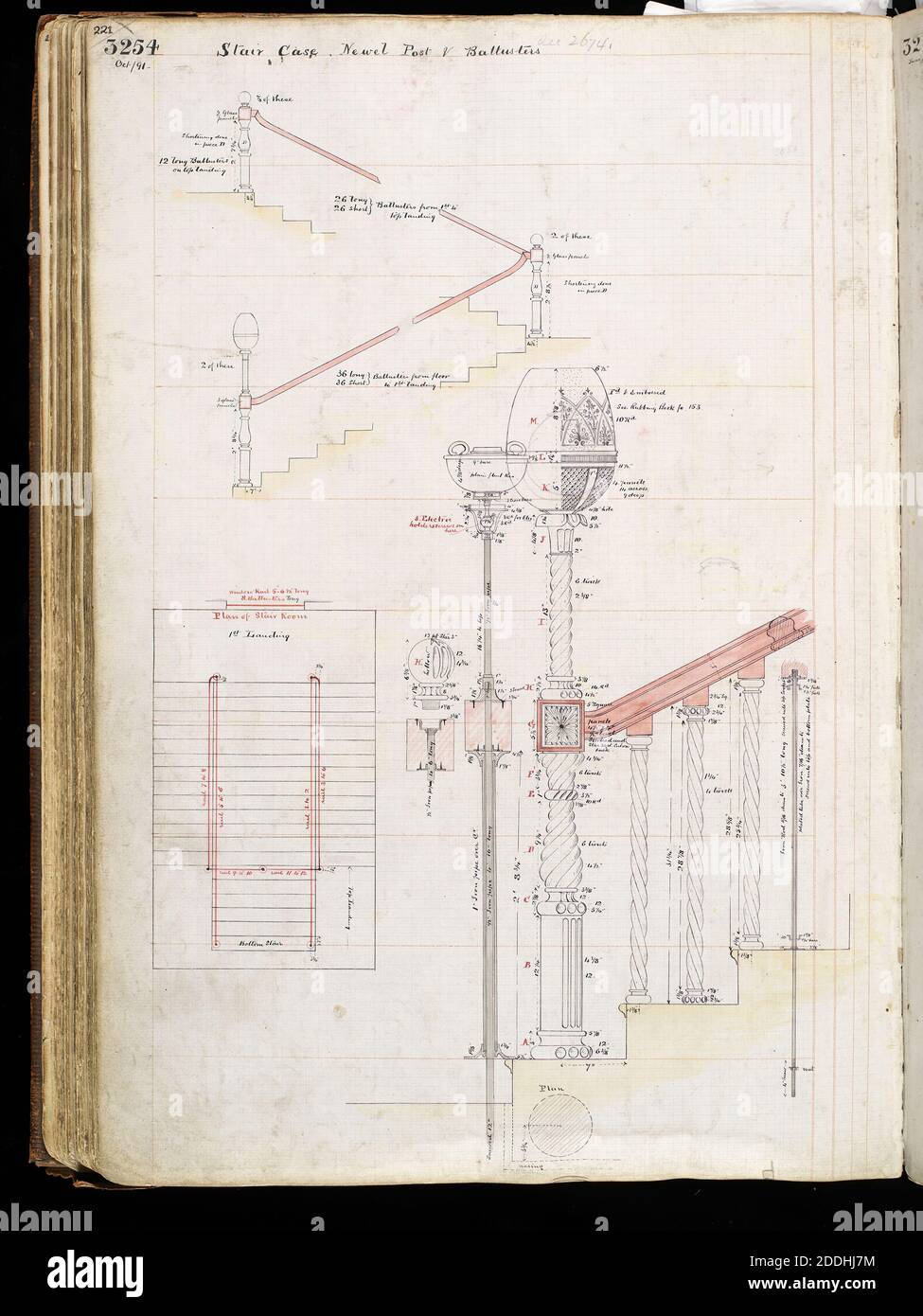 Mobili in vetro Design Osler Design Pattern Book, Staircase Newel Post and Balusters 1850-1900 Designer, Maker: F & C Osler (Ltd), Page from the Osler Original pattern book 1977M13, page 221, Applied Arts, Victorian, Glass, Manufacturers, Design Foto Stock