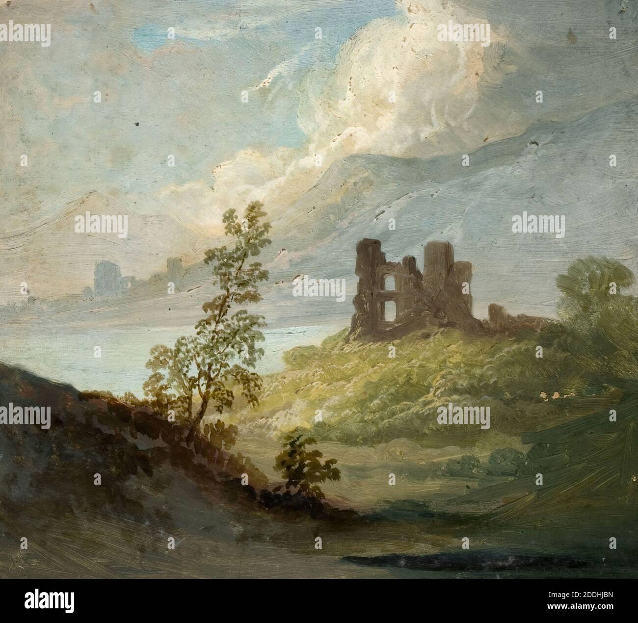 Rovina di pietra su Hilltop, linee Famiglia, Paesaggio, montagna, dipinto ad olio, Topographic Foto Stock