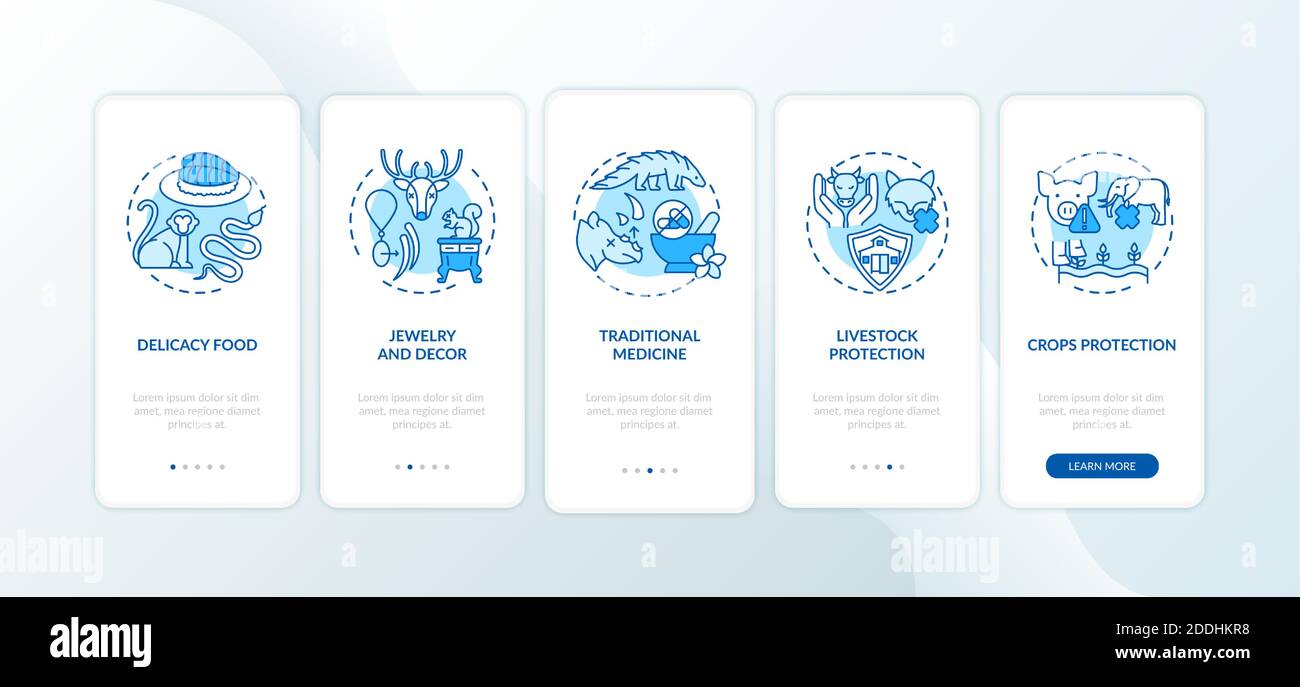 Schermata dell'app mobile onboarding blu per la crudeltà degli animali con concetti Illustrazione Vettoriale
