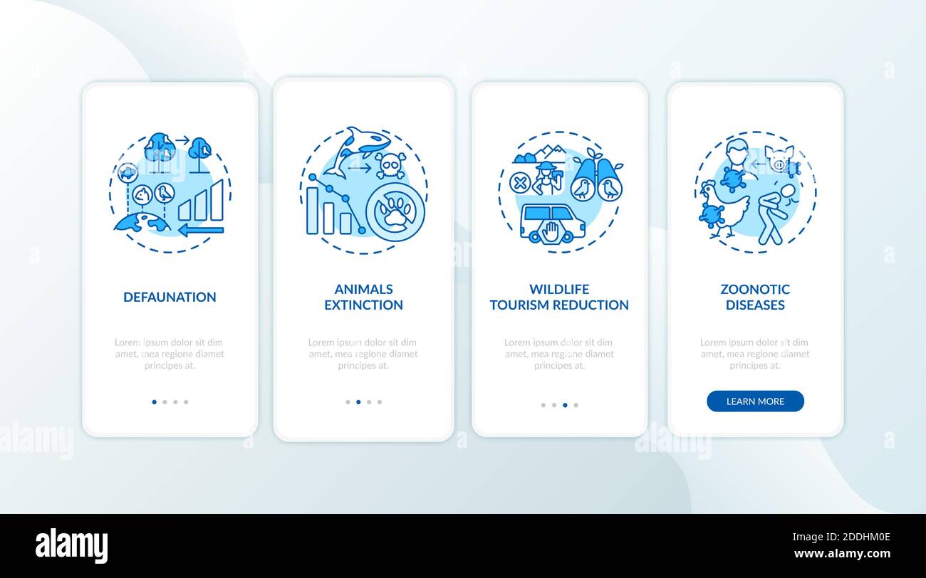Danni alla natura schermata blu della pagina dell'app mobile onboarding con i concetti Illustrazione Vettoriale