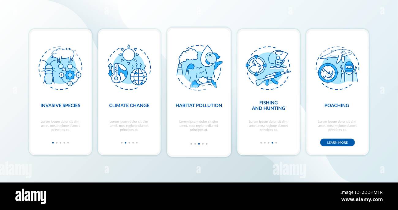 Danno ambientale schermata blu della pagina dell'app mobile onboarding con i concetti Illustrazione Vettoriale