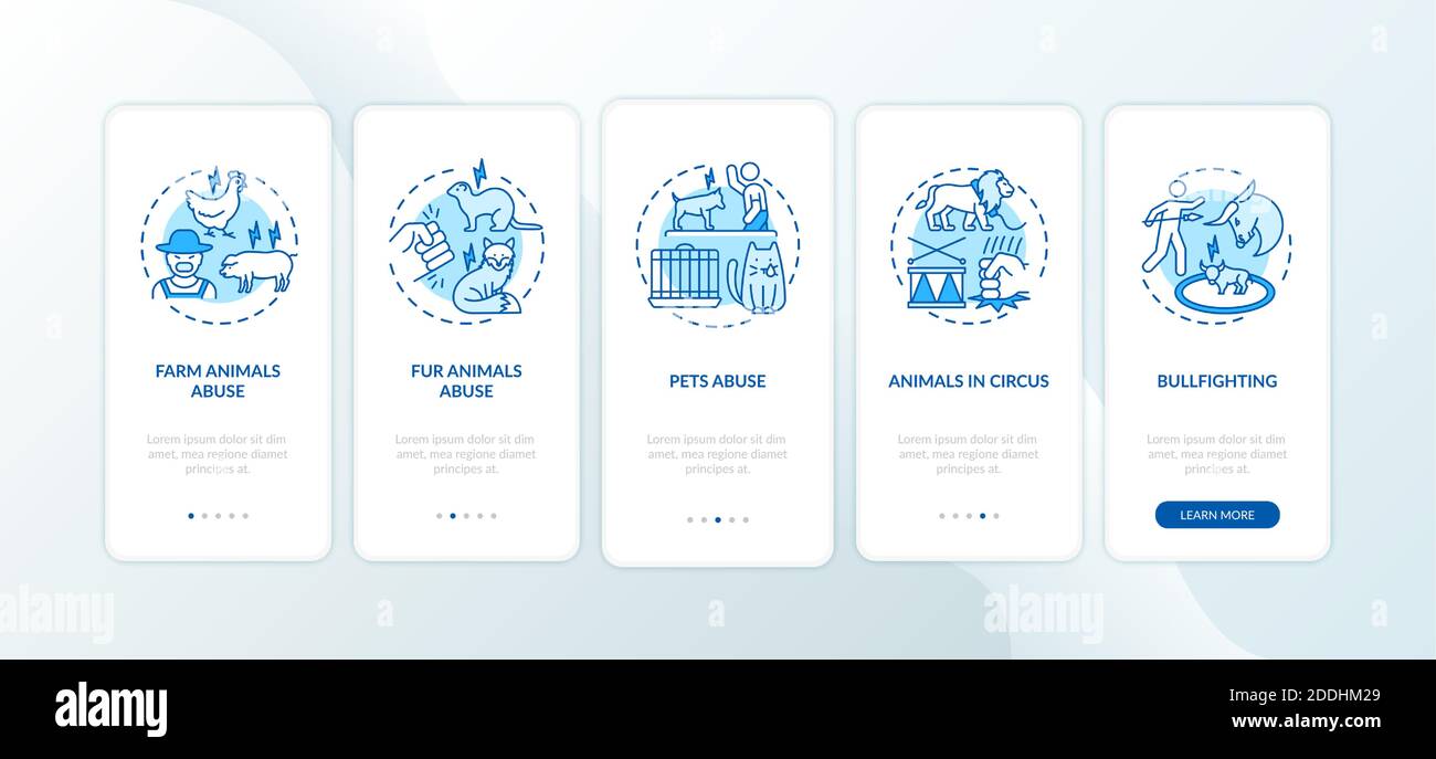 Abuso di animali blu onboarding pagina app mobile con concetti Illustrazione Vettoriale