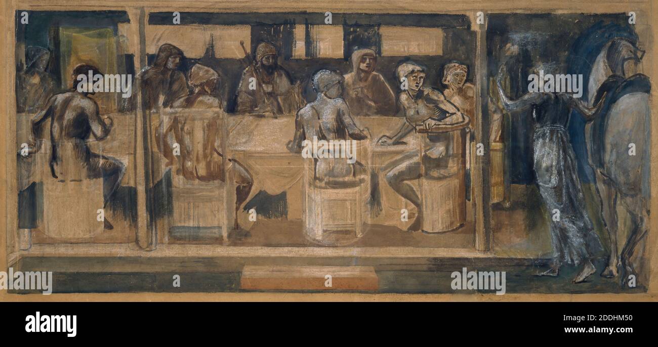Ricerca per il Santo Graal, Studio per le convocazioni, 1894 di Sir Edward Burne-Jones, relativo a Tapestry Panel 1, Arti applicate, Arti e Mestieri, TextilesPre-Raphaelite, Arazzo, Legenda arturiana, Sacro Graal Foto Stock