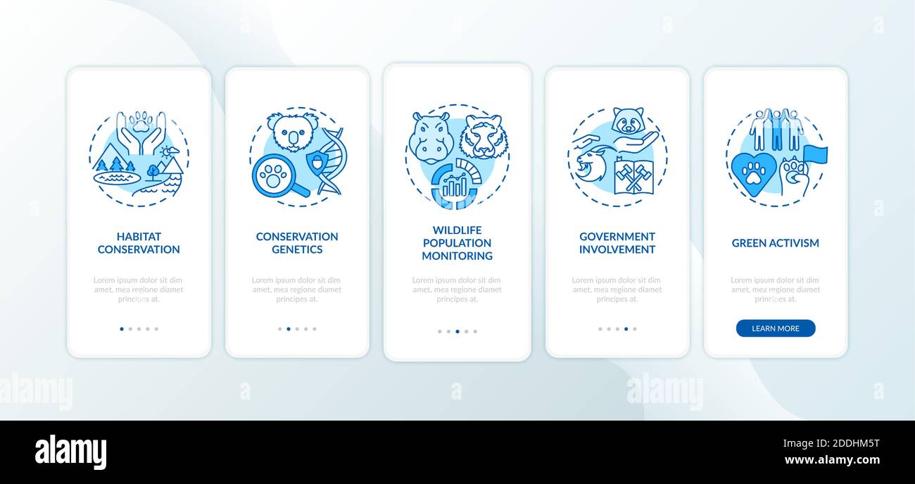 Preserva la natura blu onboarding pagina app mobile con i concetti Illustrazione Vettoriale