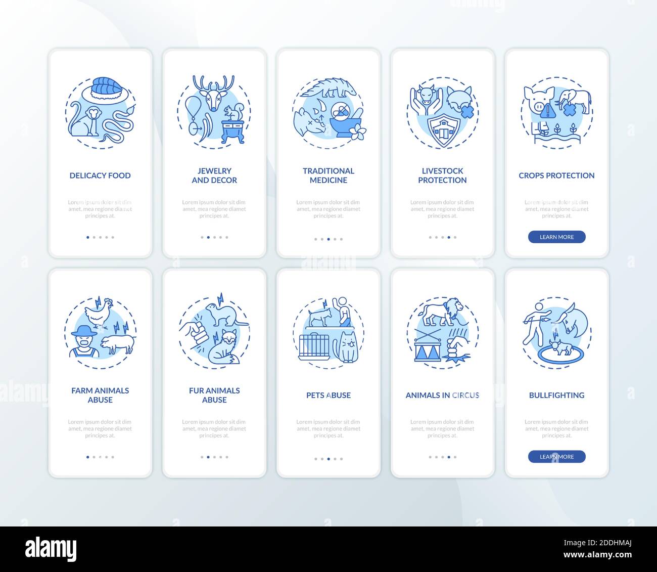Conservazione della fauna selvatica blu onboarding pagina app mobile con concetti impostazione Illustrazione Vettoriale