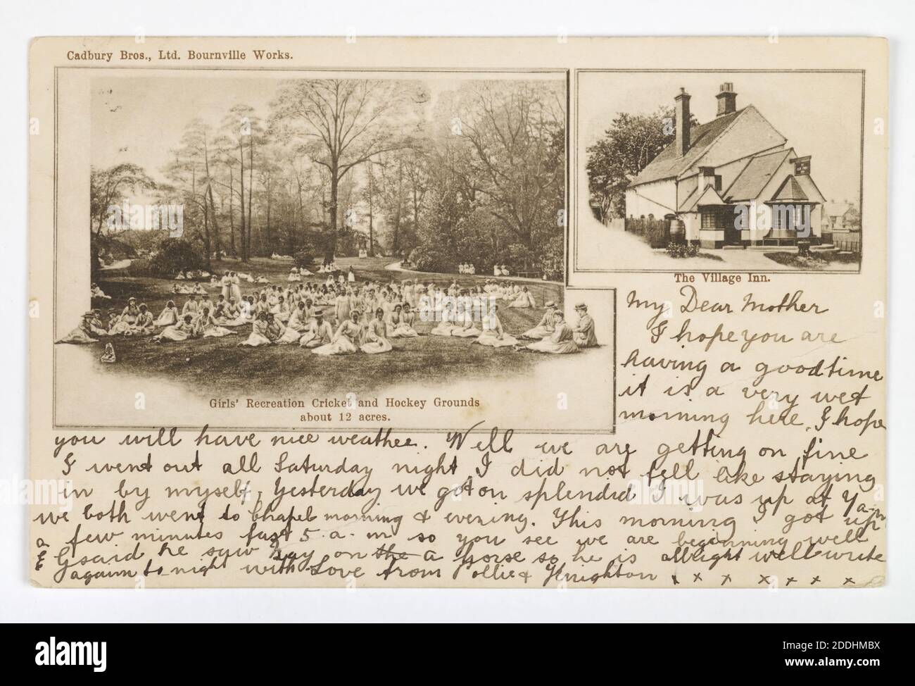 Cartolina, Cadbury Bros Ltd Bournville Works, 1903 viste topografiche, ragazza, albero, viste topografiche, scrittura, fotografia, Suburban, Donna, storia di Birmingham, Cadbury, Abbigliamento, vestito, cartolina, storia sociale, occupazione Foto Stock