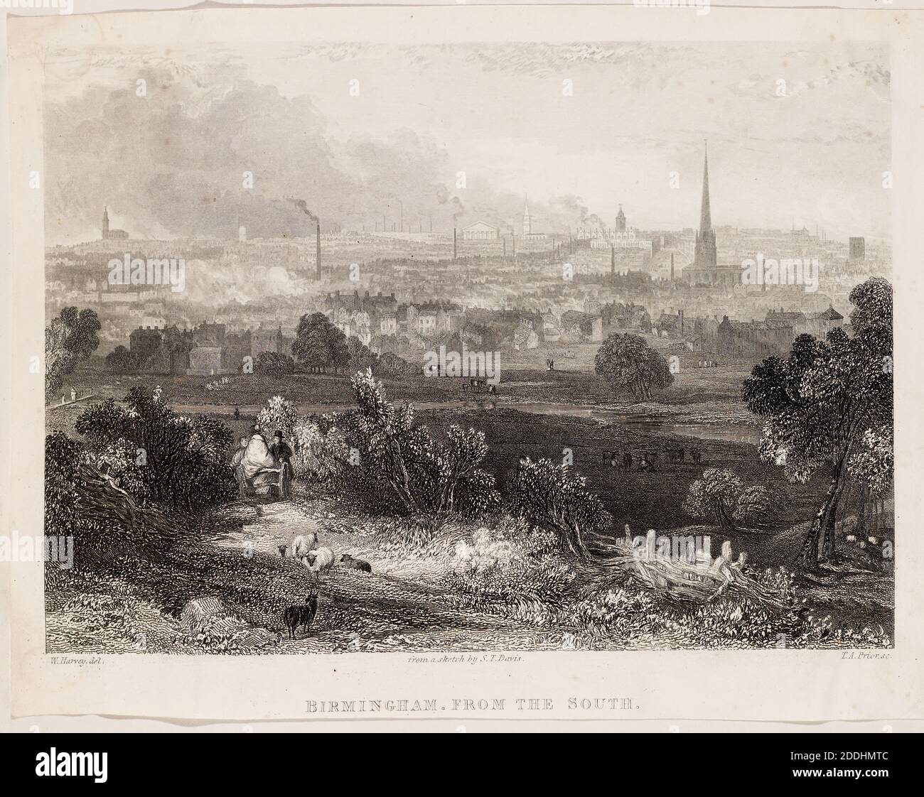 Incisione-Birmingham dal Sud disegnato da: W Harvey dal, vol.II una di una collezione di incisioni di vedute locali, contenuta in volume. Vista di Birmingham dal sud, Municipio, Chiesa di Cristo, e Chiesa di San Filippo visibile., Paesaggio, viste topografiche, storia sociale, industria, stampa, incisione, paesaggio urbano, Inghilterra, Midlands Foto Stock