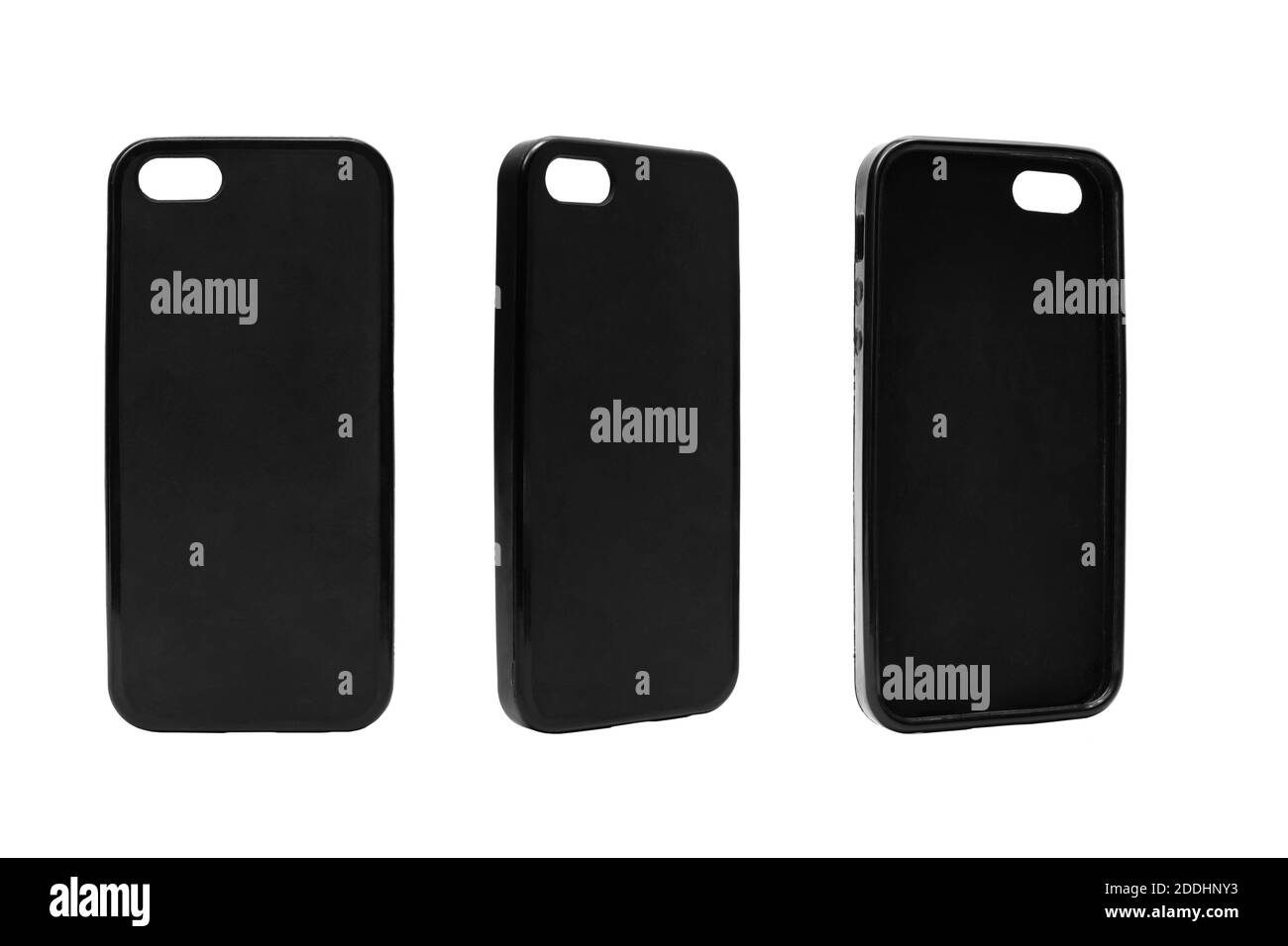 Coperchio posteriore in plastica per telefono cellulare isolato su sfondo bianco. Diverse angolazioni della custodia protettiva per smartphone. Parte posteriore del telefono in silicone Foto Stock