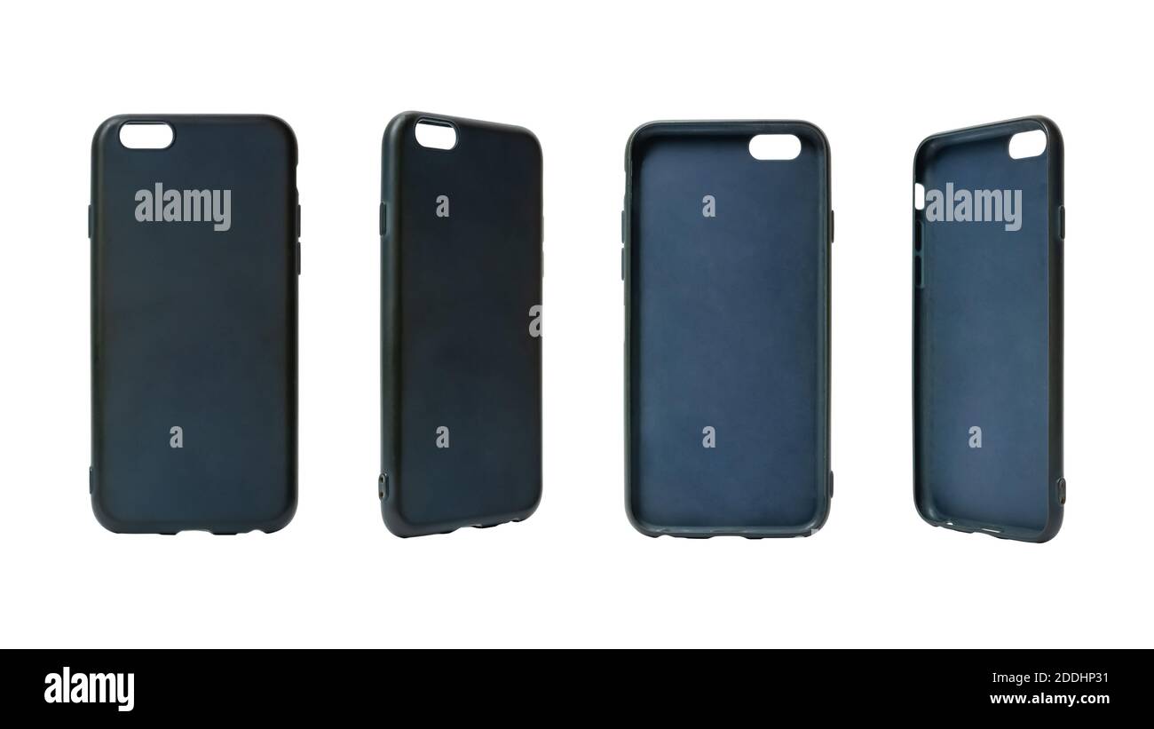 Coperchio blu in plastica per telefono cellulare isolato su sfondo bianco. Diverse angolazioni della custodia protettiva per smartphone. Parte posteriore del telefono in silicone Foto Stock