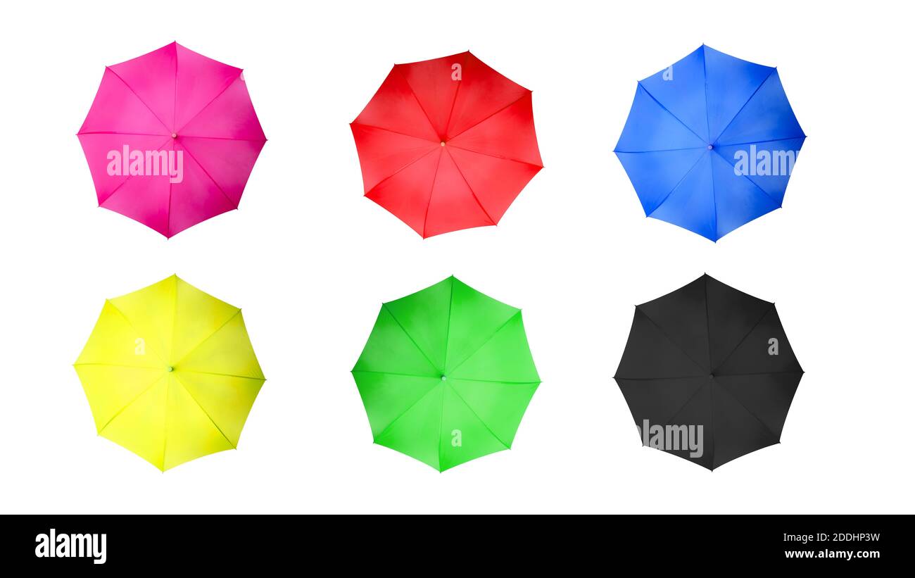 Set di ombrelli multicolore isolati su sfondo bianco. Vista dall'alto della classica forma di ombrello colorato Foto Stock