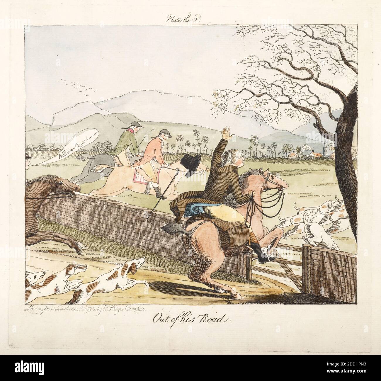 Piatto 2 di 6 satirico Cartoon, Birmingham Bag Man: Out of His Road, 24, 10, 1792 incisore: Edward Hedges Cornhill, Storia sociale, viste topografiche, Stampa, incisione, Satire, storia di Birmingham, tinteggiato a mano Foto Stock