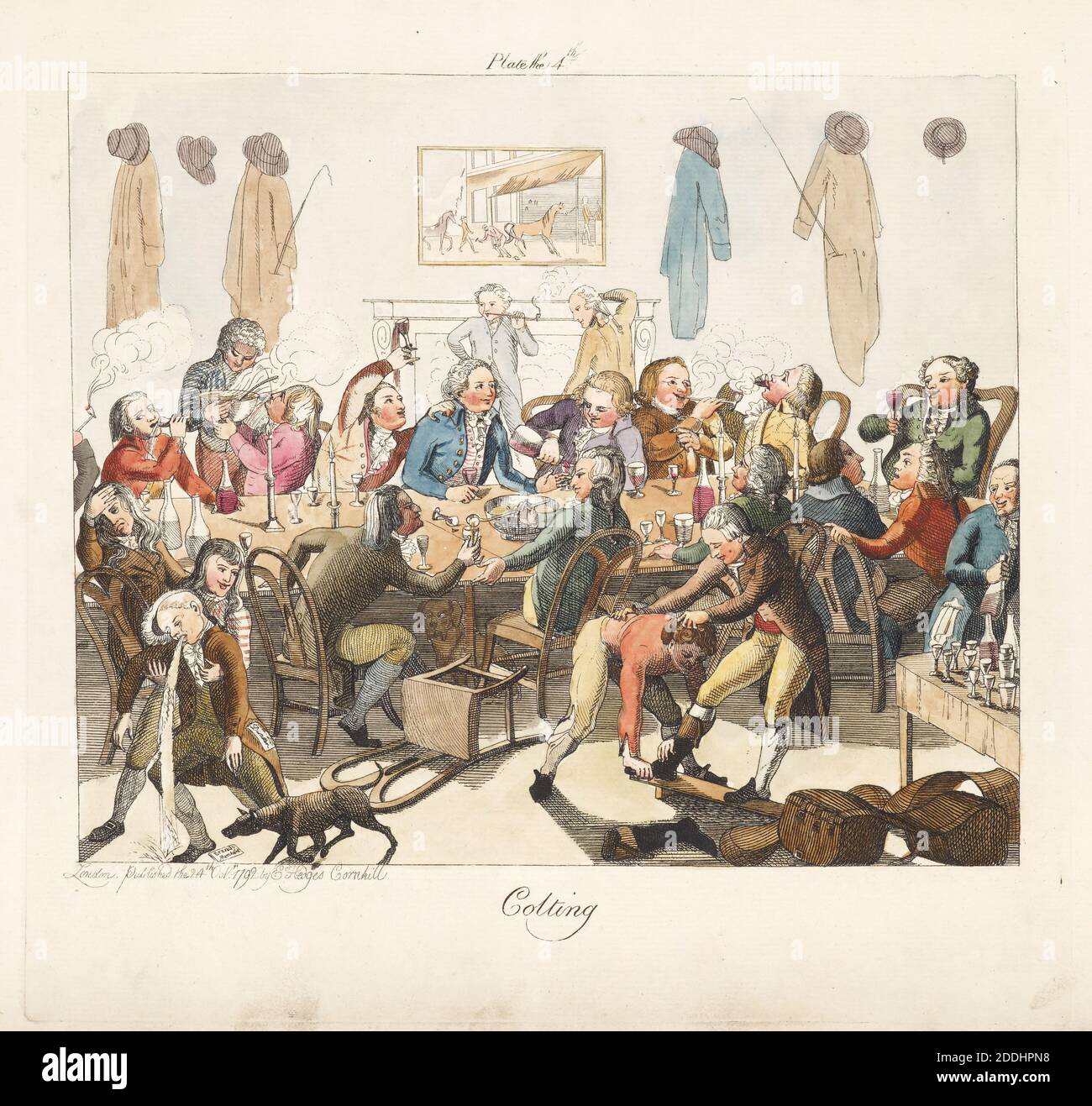 Plate 4 of 6 Satiric Cartoon, Birmingham Bag Man: Colting, 24, 10, 1792 incisore: Edward Hedges Cornhill, Storia sociale, viste topografiche, Stampa, incisione, Satire, Birmingham storia, Hand-Tinted Foto Stock
