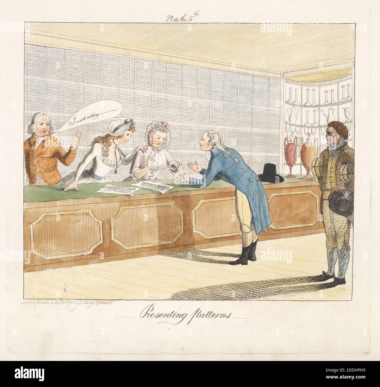 Piatto 5 di 6 satirico Cartoon, Birmingham Bag Man: Presentazione Patterns, 24, 10, 1792 incisore: Edward Hedges Cornhill, Storia sociale, viste topografiche, Stampa, incisione, Satire, Birmingham storia, mano-tinted Foto Stock