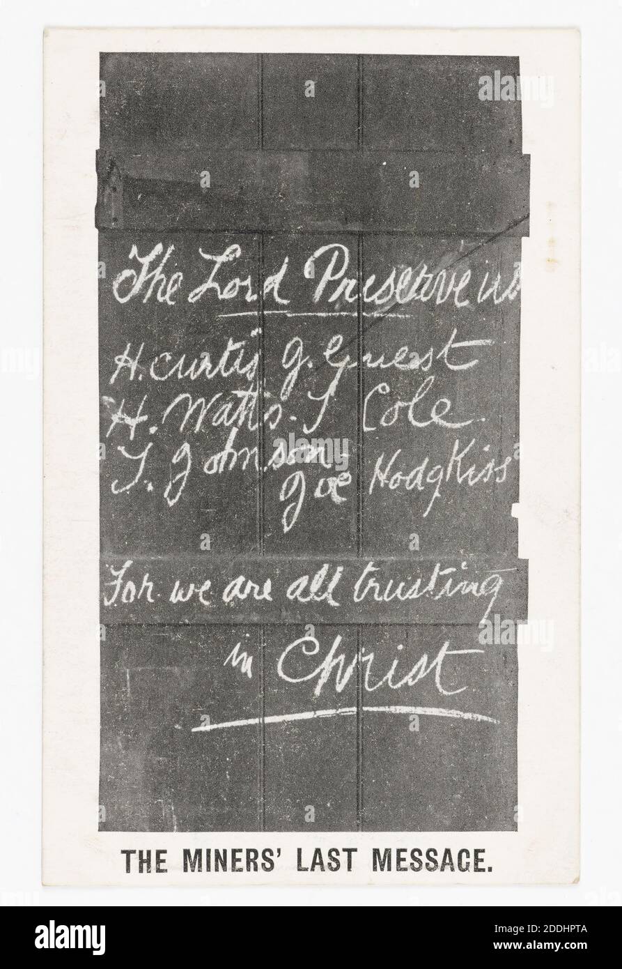 Cartolina, l'ultimo messaggio dei minatori, 1908 viste topografiche, dal disastro minerario di Hamstead, questa cartolina mostra una porta di legno con l'iscrizione (possibilmente gesso bianco) dell'ultimo messaggio del minatore., storia sociale, materiali stampati, storia di Birmingham, morte, cartolina, storia sociale, occupazione, Produttori, miniere di carbone Foto Stock