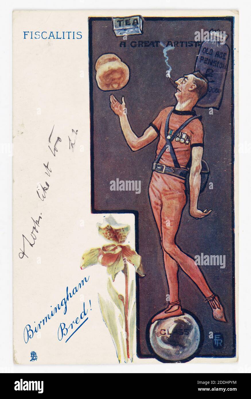 Postcard, Birmingham Bred, 1905, cartoon satirico di Joseph Chamberlain come un Circus Acrobat Foto Stock