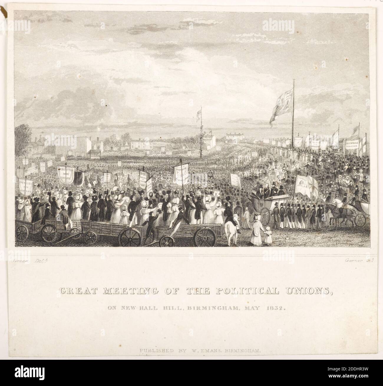 Incisione, Grande incontro dei sindacati politici, Birmingham, 1832 punti di vista topografici, Vol III incisore: Thomas Garner attribuito a: W. Green Editore: William Emans, 'Grande incontro dei sindacati politici, su New Hall Hill, Birmingham, maggio 1832.', Storia sociale, punti di vista topografici, storia di Birmingham, Politica, Legge di riforma del 1832 Foto Stock