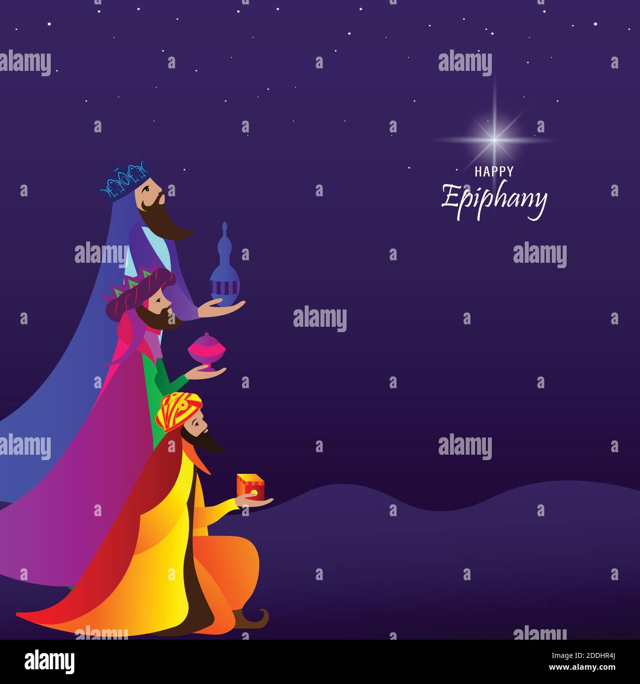 Illustrazione vettoriale di Epifania, una festa cristiana. Gesù Cristo subito dopo la sua nascita. Astratto 3 re che guardano la stella in oscuro sfondo di notte Illustrazione Vettoriale