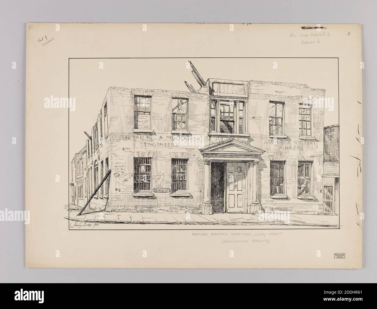 Vista topografica di Birmingham, Ink Drawing Matthew Boulton's Warehouse, Livery Street, Birmingham, di John L. Baker, Storia sociale, viste topografiche, Inghilterra, Midlands Foto Stock