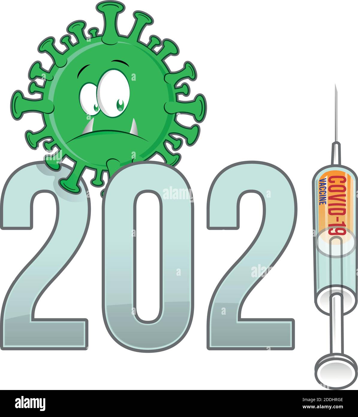 cartone animato corona virus covid-19 con il vaccino del nuovo anno 2021. illustrazione vettoriale Illustrazione Vettoriale