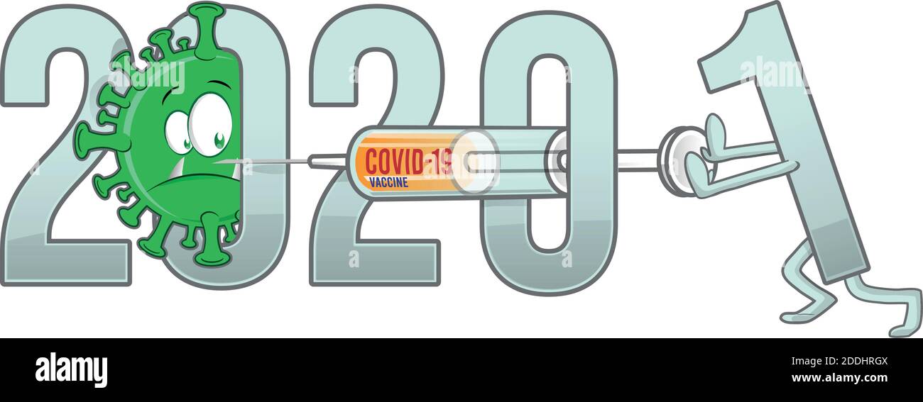 nuovo anno dal 2020 al 2021 testo con covid-19 cartoon e vaccino . illustrazione vettoriale Illustrazione Vettoriale