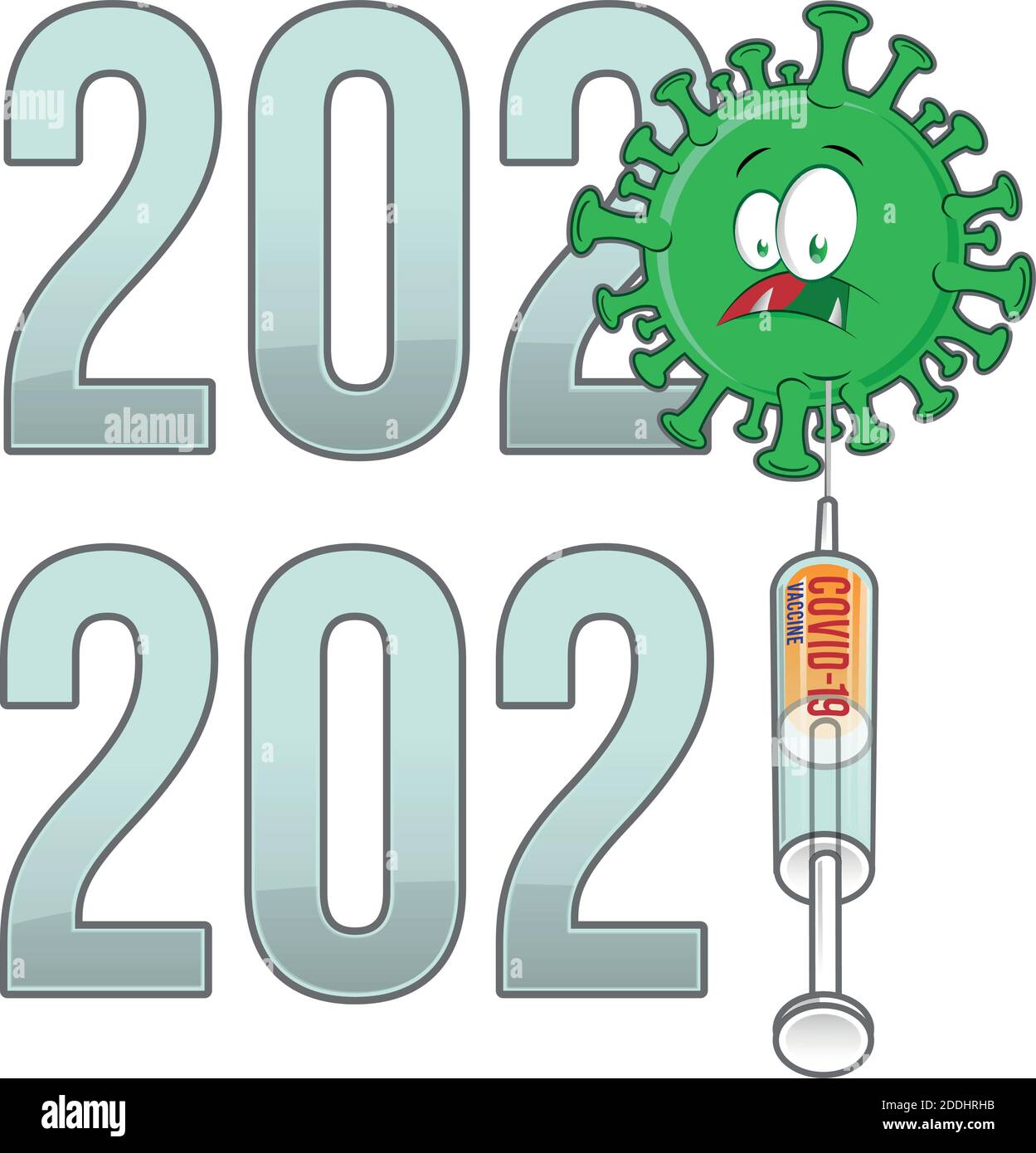 da 2020 a 2021 anni testo con covid-19 cartone animato e. vaccino isolato su sfondo bianco Illustrazione Vettoriale