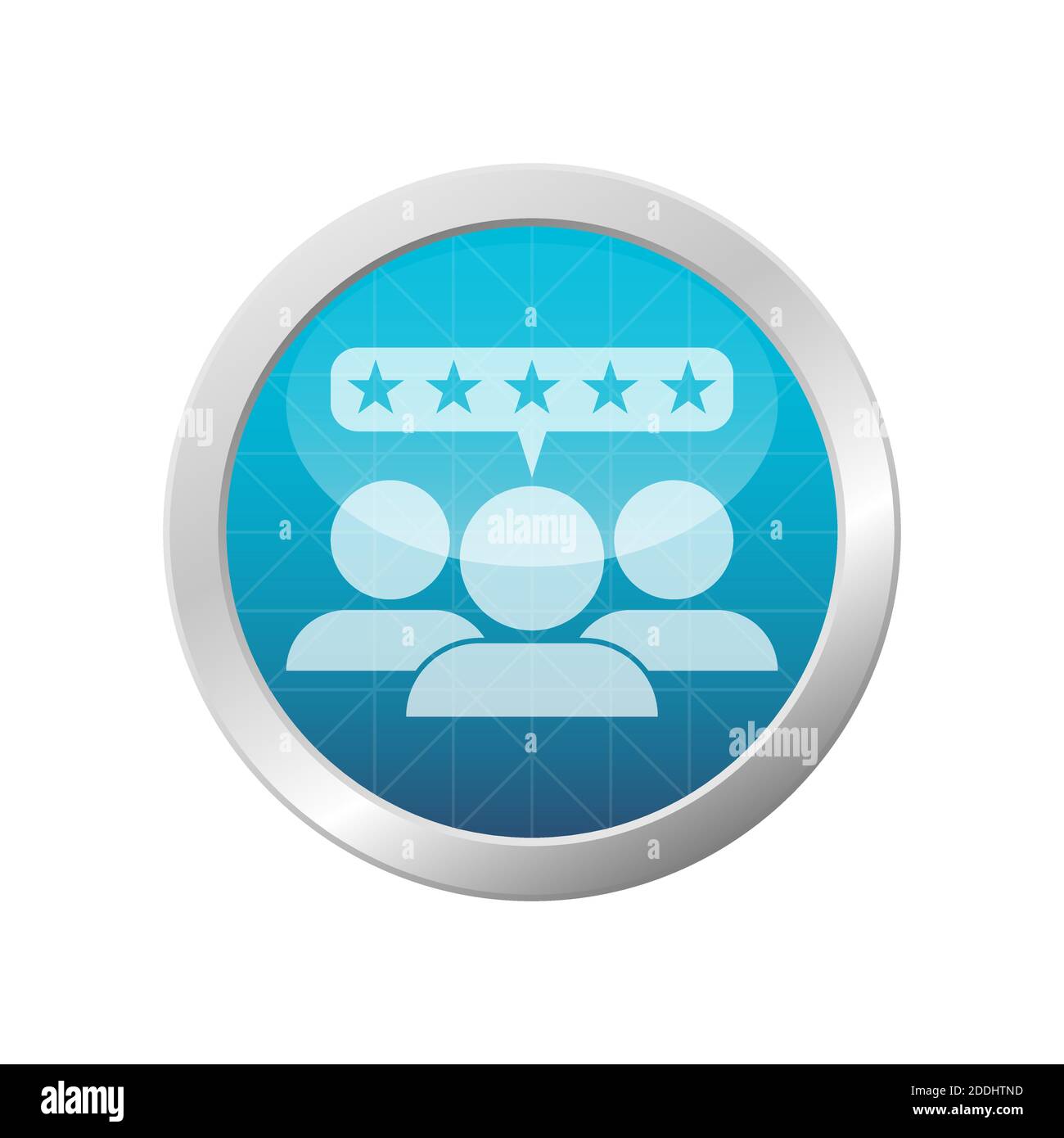 Icona delle recensioni a cinque stelle. Gruppo di tre clienti soddisfatti. Immagine vettoriale del cerchio azzurro. Illustrazione Vettoriale