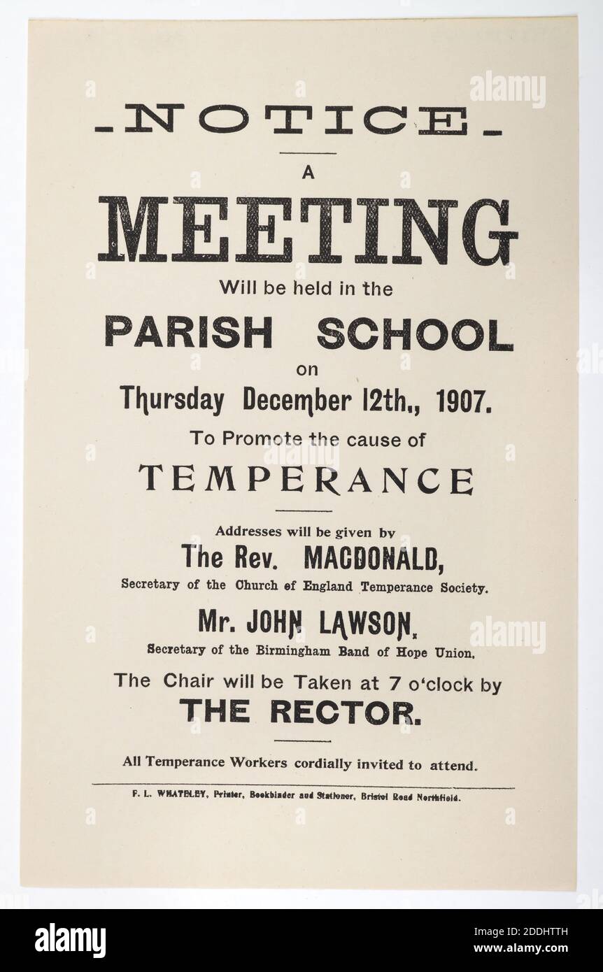 Opuscolo, Tempperance Meeting, Birmingham, 1907 stampante: F L Whateley, possibilmente alla Northfield School, storia di Birmingham, Pubblicità, Tempperance Foto Stock