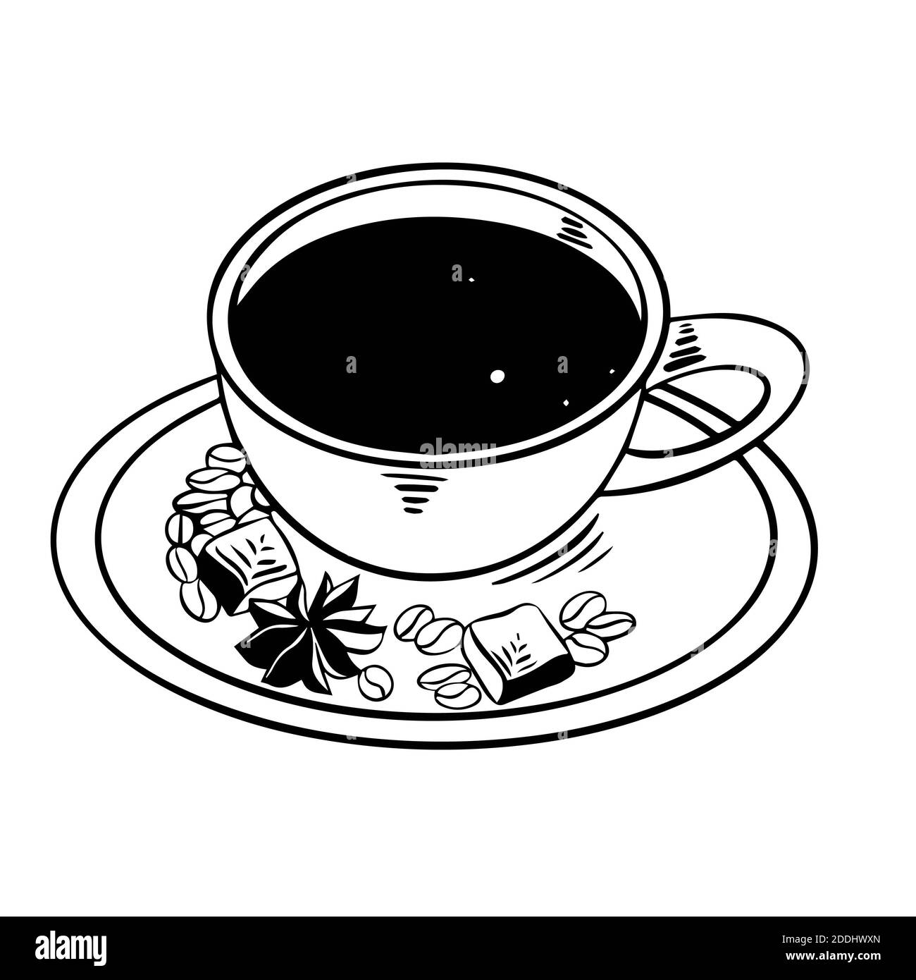 Illustrazione di una tazza di caffè nero con fagioli, cannella e marshmallows. Illustrazione della linea vettoriale su sfondo bianco. Può essere utilizzato in interni des Foto Stock