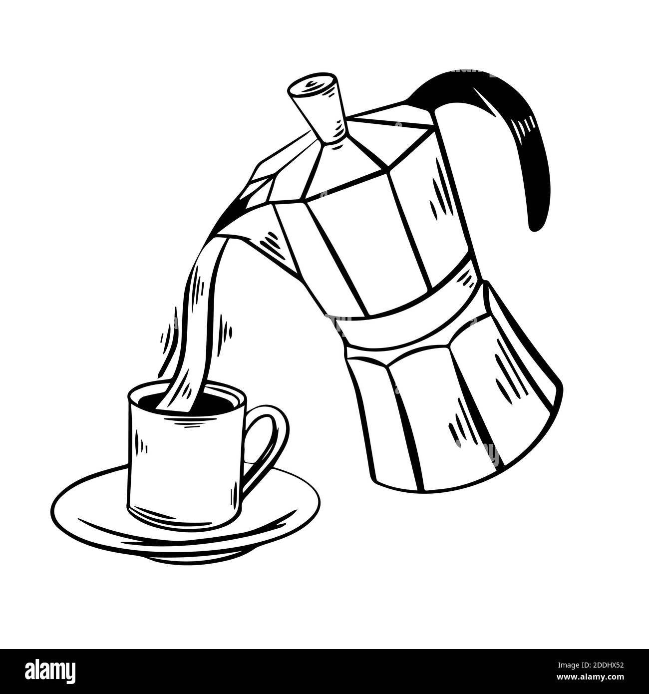 Il caffè versato da una moka volante in una tazza disegnata a mano illustrazione vettoriale. Moka schizzo con tazza di caffè su sfondo bianco. Cibo, caffè, caffè male Foto Stock