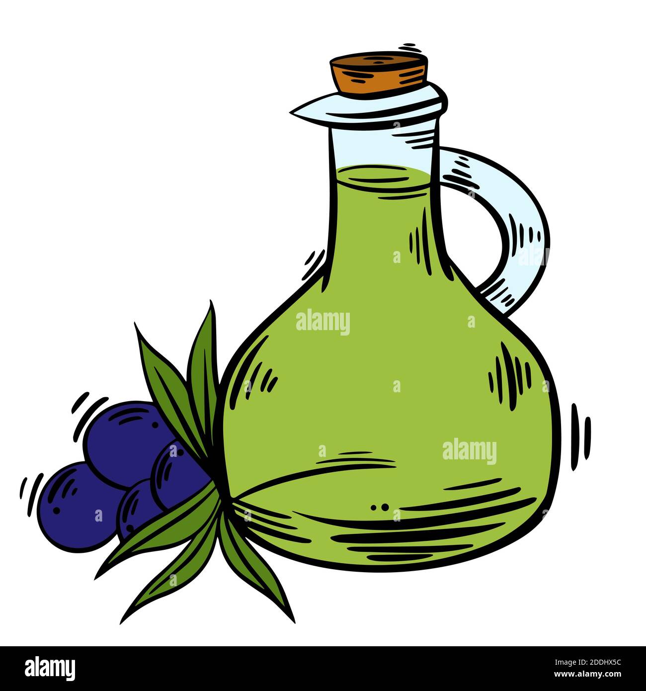 Disegno decorativo vettoriale di bottiglia di olio d'oliva con rami di albero olive nere. Immagine su sfondo bianco isolato. Eleme di design naturale disegnati a mano Foto Stock