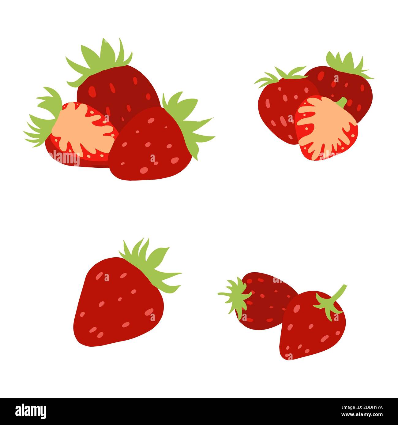 Illustrazione insieme di fragole isolate su sfondo bianco. Raccolta semplice disegnata a mano vettoriale. Bacche dolci. Foto Stock