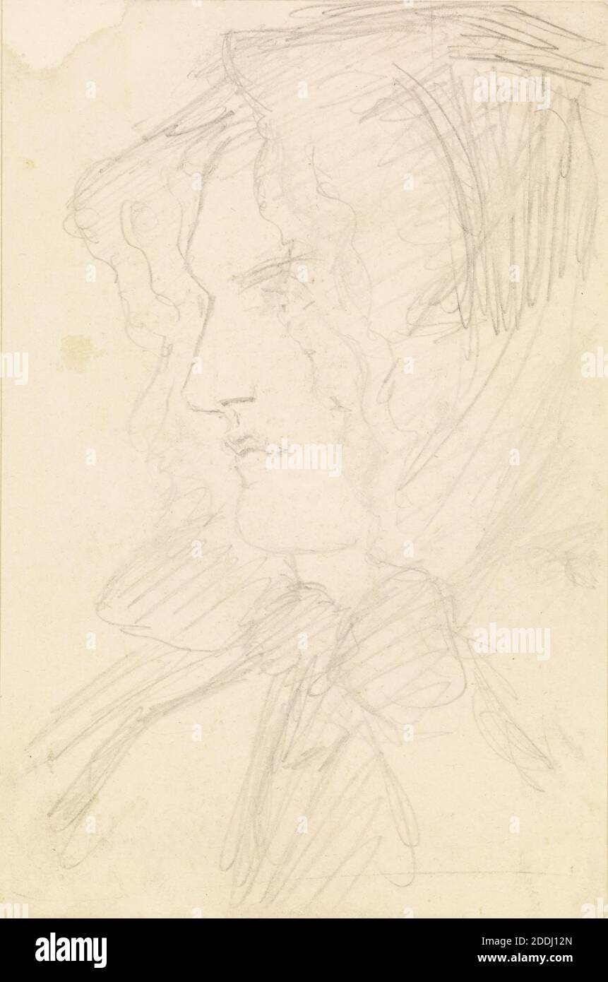 Donna, disegno di testa di donna in Bonnet, 1870-1880 Dante Gabriel Rossetti, Costume, cappello, Bonnet, disegno, matita, Pre-Raphaelite, Donna, Costume, cappello Foto Stock