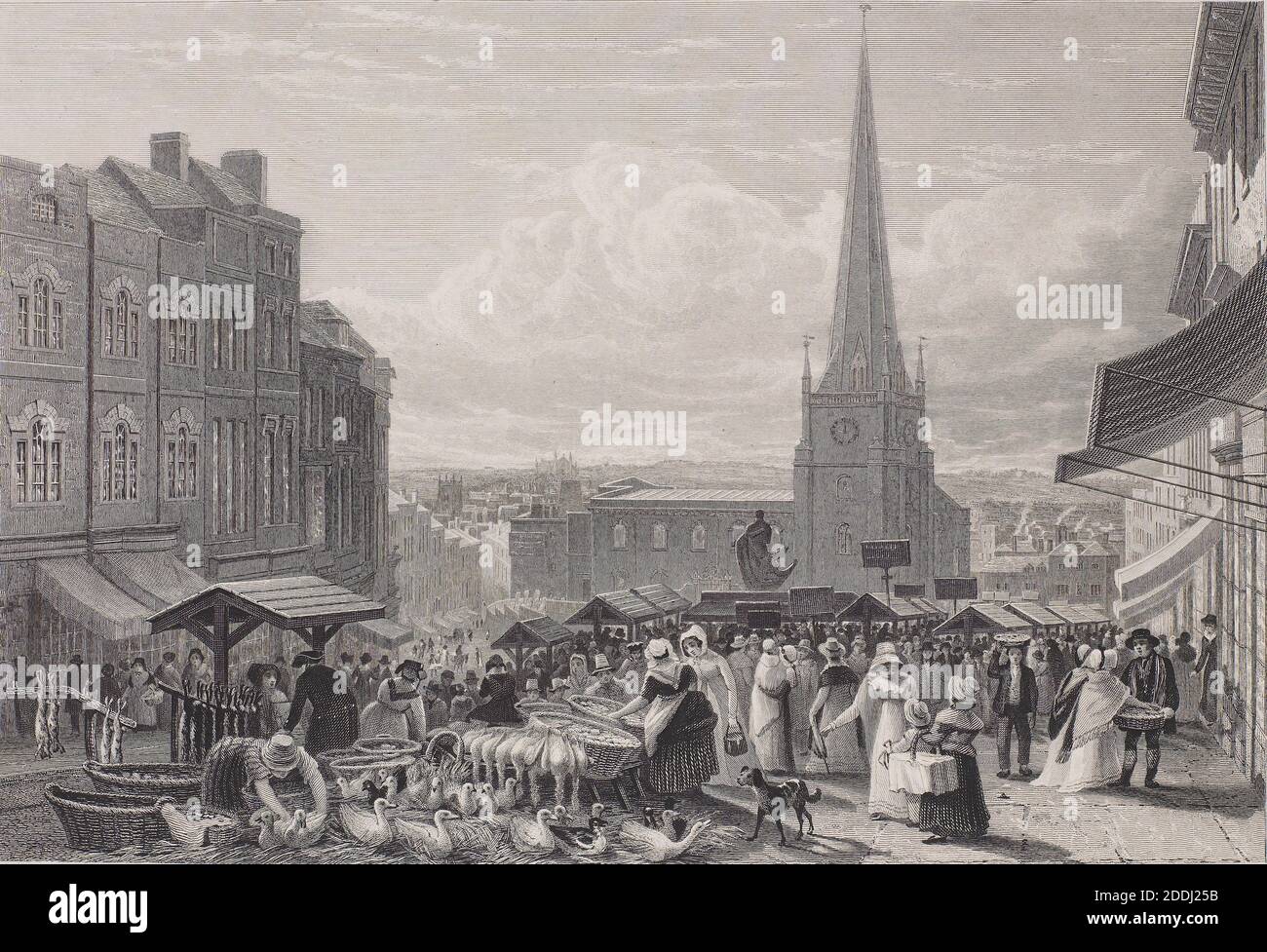 Illustrazioni grafiche di Warwickshire: High Street Market, Birmingham, 1827 incisore: William Radclyffe artista: David Cox, Storia sociale, viste topografiche, Stampa, incisione, storia di Birmingham, Inghilterra, Midlands Foto Stock